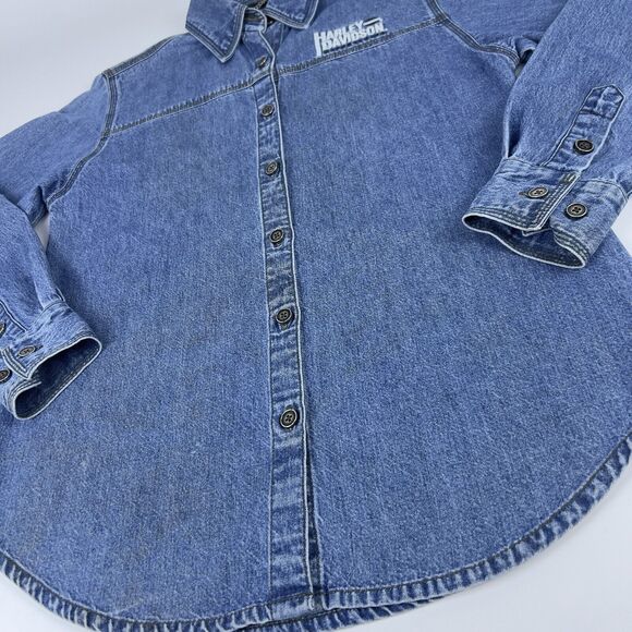 Harley Davidson Grease Monkey Denim Shirt Women’s XS Intentionally Distressed - Picture 7 of 15